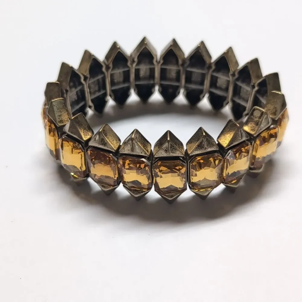 299‎ Vintage Heavy Amber Glass Statement Stretch Bracelet Gold Tone Pyramid Link